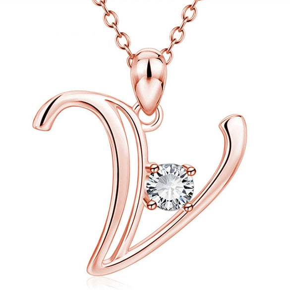 Fashion Electroplated Metal Letter Pendant Necklace With Clear Stone Inlay Alphabet Jewelry