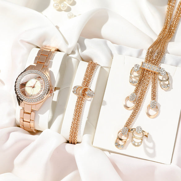Fashion Elegant Diamondencrusted Alloy Band Rose Gold Quartz Watch For Female