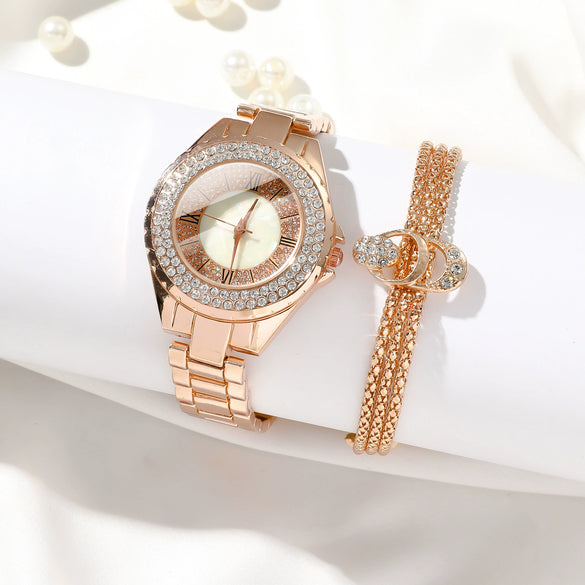 Fashion Elegant Diamondencrusted Alloy Band Rose Gold Quartz Watch For Female