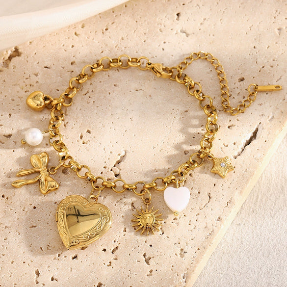 Fashion Elegant Light Luxury Hand Jewelry Stainless Steel 18K Gold Plated Love Heart Shape Butterfly Pendant Bracelet With Electroplating