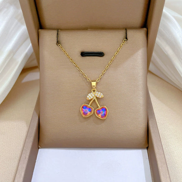 Fashion Elegant Luxury Fruit Shaped Copper And Stainless Steel Micro Inlaid Earrings Necklace Suit With Electroplating