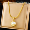 Fashion Elegant Vintage Goldplated Geometric Moon Pearl Pendant Blade Chain Stainless Steel Women's Necklace