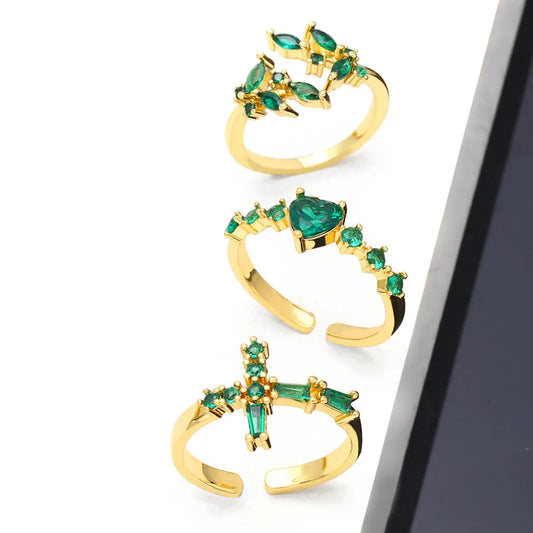 Fashion Emerald Malachite Green Zircon Green Diamond Cross Heart-shaped Ring Copper