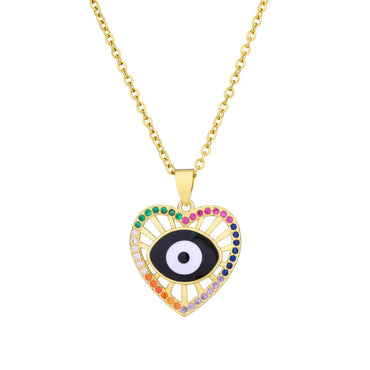 Fashion Evil Eye Copper Inlaid Zircon  Drop Oil Heart-shaped Pendant Stainless Steel Necklace