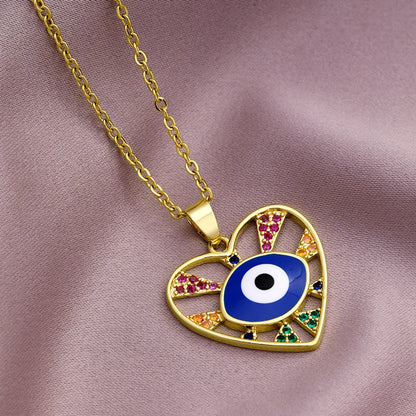 Fashion Evil Eye Copper Inlaid Zircon  Drop Oil Heart-shaped Pendant Stainless Steel Necklace