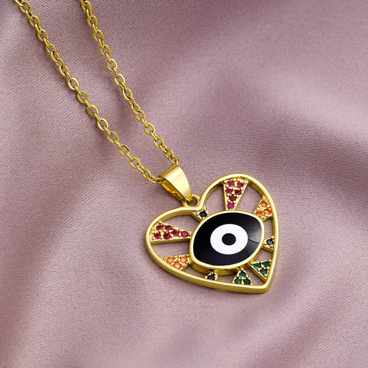 Fashion Evil Eye Copper Inlaid Zircon  Drop Oil Heart-shaped Pendant Stainless Steel Necklace