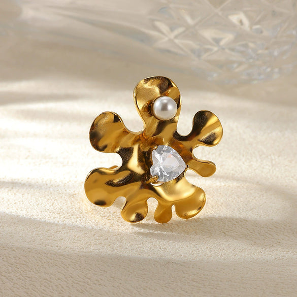 Fashion Exaggerated Big Flower Women's Ring Stainless Steel Heartshaped With Pearl Stamen And Electroplating