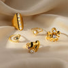 Fashion Exaggerated Big Flower Women's Ring Stainless Steel Heartshaped With Pearl Stamen And Electroplating