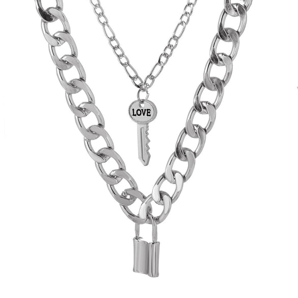 Fashion Exaggerated Geometric Lock Pendant Necklace For Women With Aluminum Chain And Double Layer Alloy Material Electroplating Design