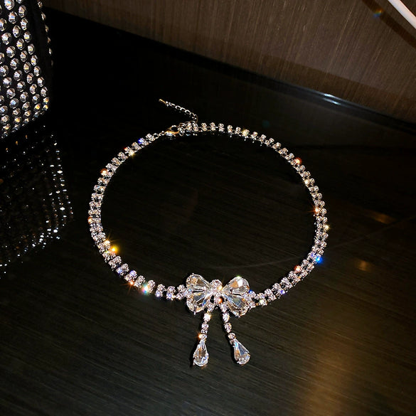 Fashion Exaggerated Personality Bow Shaped Diamond Embellished Alloy Necklace Earrings Bracelet Set For Women With Ball Chain