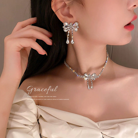 Fashion Exaggerated Personality Bow Shaped Diamond Embellished Alloy Necklace Earrings Bracelet Set For Women With Ball Chain