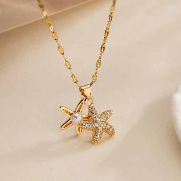 Fashion Exquisite Copper 18K Gold Plated Zircon Starfish Geometric Minimalist Pendant Necklace For Female