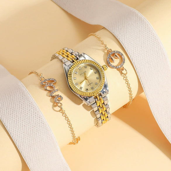 Fashion Exquisite Gradual Gold Ladies Watch With Diamond Dial And Round Shape Alloy Case And Strap Stainless Steel Buckle