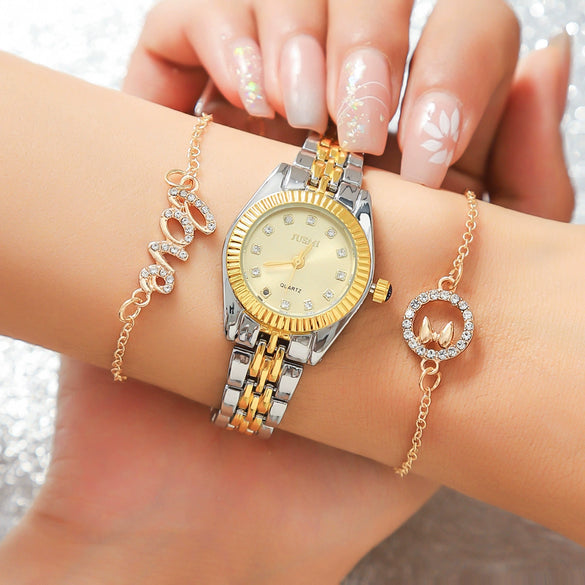 Fashion Exquisite Gradual Gold Ladies Watch With Diamond Dial And Round Shape Alloy Case And Strap Stainless Steel Buckle