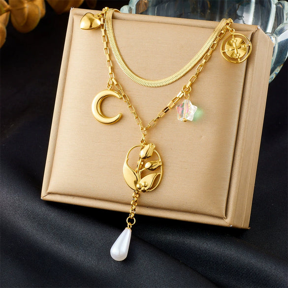 Fashion Exquisite Simple Double Layer Stacked Stainless Steel Tulip Flower Moon Tassel Inlaid With Gold Chain Necklace For Women