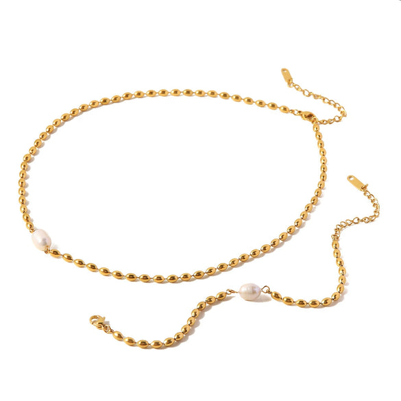 Fashion Fadeless Natural Freshwater Pearl Oval Gold Bean Titanium Steel Bracelet Necklace With Geometric Pattern Set With Precious Stones