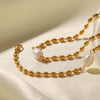 Fashion Fadeless Natural Freshwater Pearl Oval Gold Bean Titanium Steel Bracelet Necklace With Geometric Pattern Set With Precious Stones