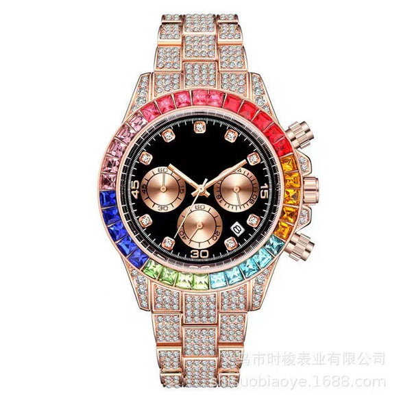 Fashion Fake Three Eyes Color Diamond Quartz Watch Alloy Steel Band Round Dial For Men