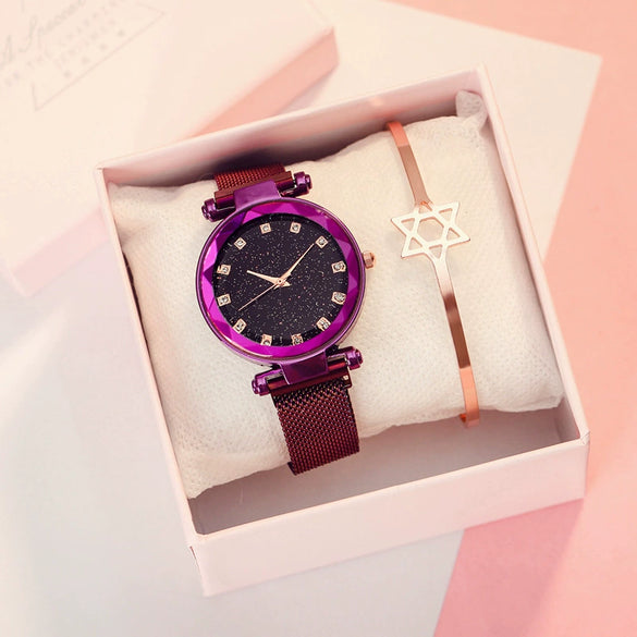 Fashion Female Alloy And Stainless Steel Round Dial Magnet Watch