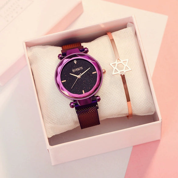 Fashion Female Alloy And Stainless Steel Round Dial Magnet Watch