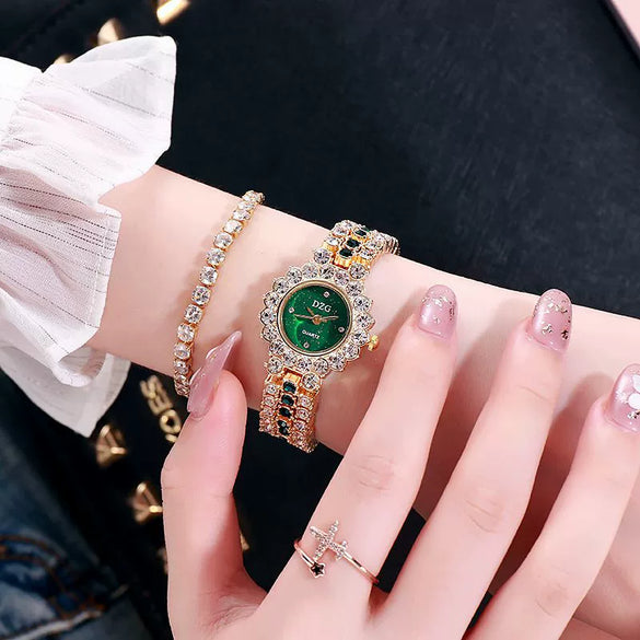 Fashion Female Alloy Tennis Chain Wrist Watch Set With Rhombus Dial And Stainless Steel Clasp