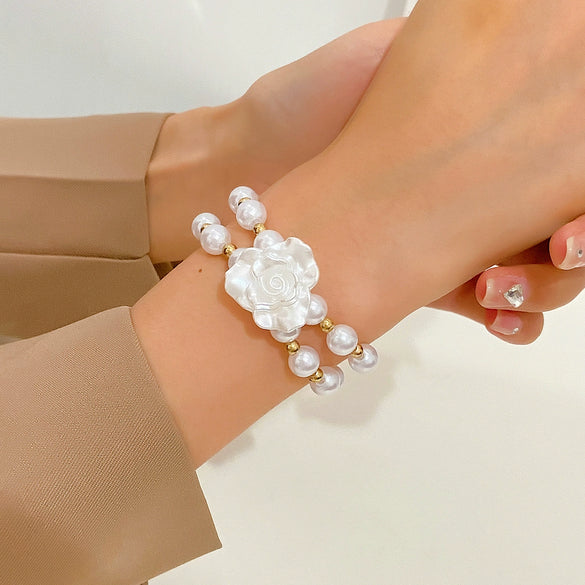 Fashion Female Retro Multilayer Alloy Imitation Pearl Flower Geometric Bracelet With Electroplating