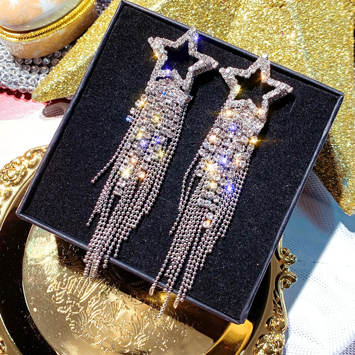 Fashion Five-Pointed Star Long Tassel Inlaid Rhinestone Earrings Wholesale