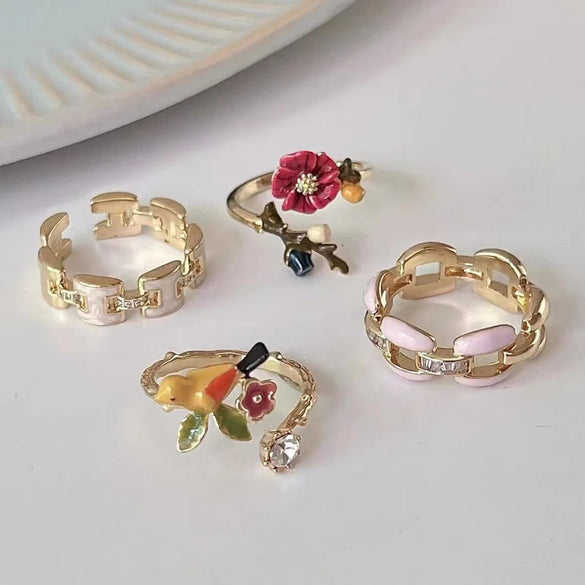 Fashion Flower Alloy Enamel Plating Inlay Rhinestones Women'S Open Ring 1 Piece