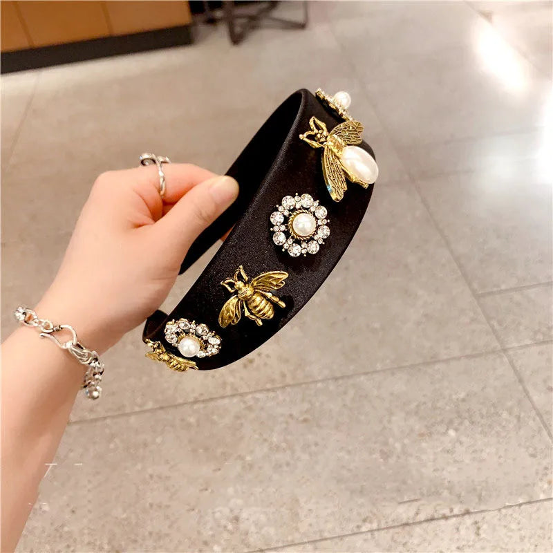 Fashion Flower Bee Alloy Cloth Inlay Artificial Pearls Rhinestones Hair Band 1 Piece