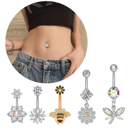 Fashion Flower Bee Stainless Steel Plating Artificial Gemstones Belly Ring