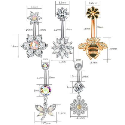 Fashion Flower Bee Stainless Steel Plating Artificial Gemstones Belly Ring