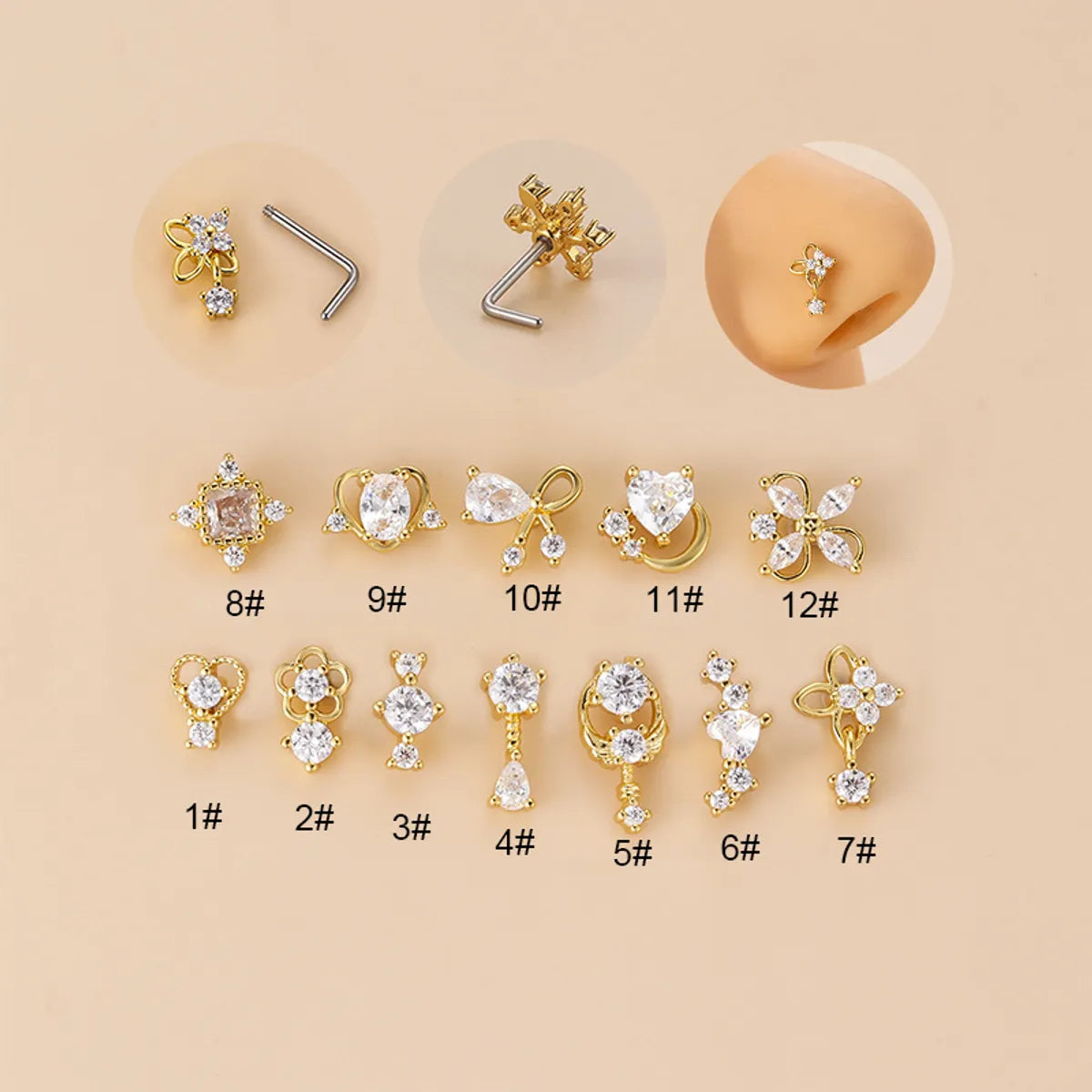 Fashion Flower Bow Knot Stainless Steel Plating Zircon Nose Studs 1 Piece