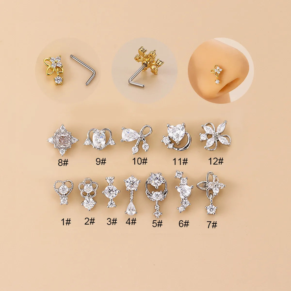 Fashion Flower Bow Knot Stainless Steel Plating Zircon Nose Studs 1 Piece