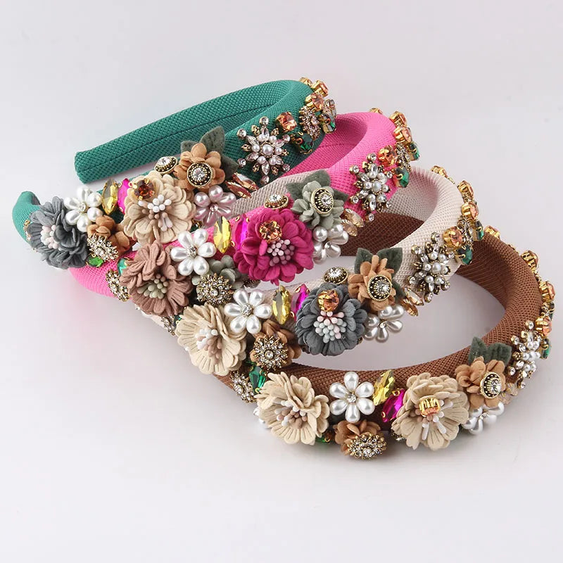 Women'S Fashion Flower Cloth Diamond Artificial Pearls Hair Band