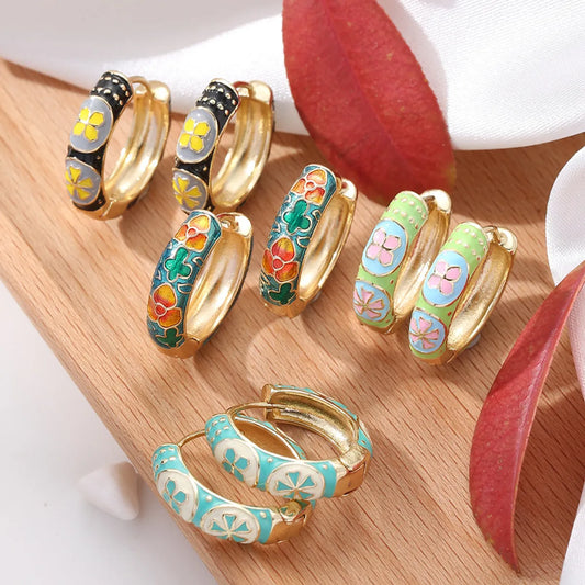 Fashion Flower Copper Enamel Plating Hoop Earrings 1 Pair