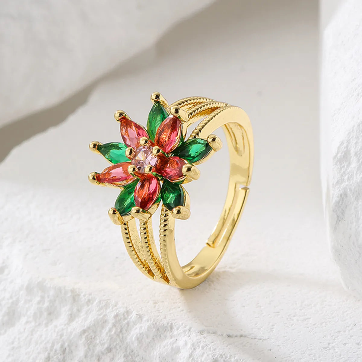 Fashion Flower Copper Plating Inlay Zircon Open Ring 1 Piece