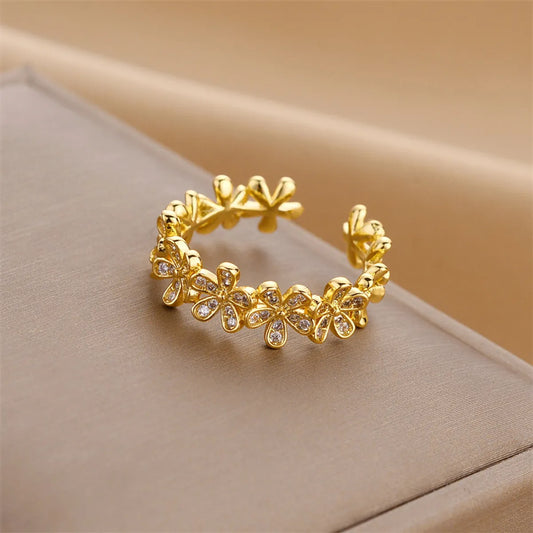 Fashion Flower Copper Plating Zircon Open Ring 1 Piece