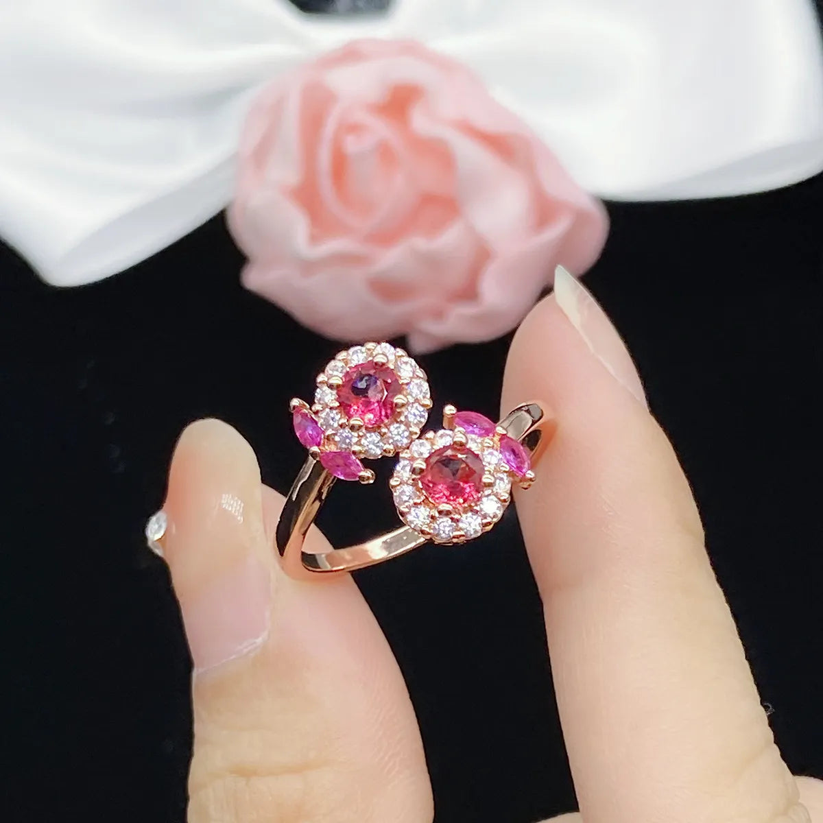 Fashion Flower Copper Rings Inlay Artificial Gemstones Copper Rings