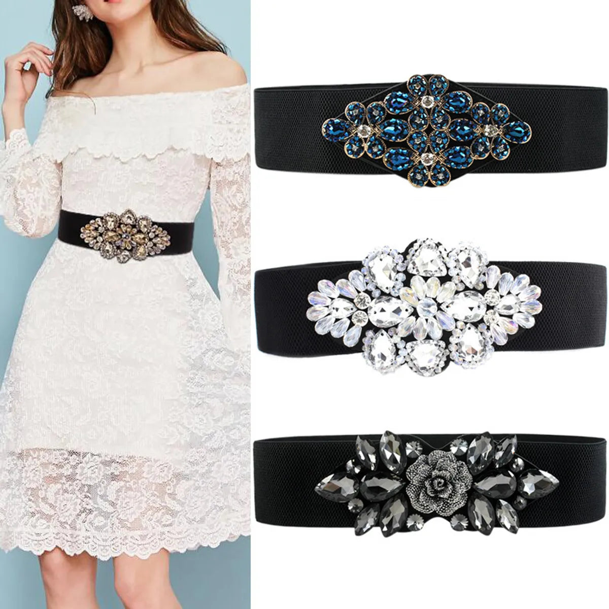 Fashion Flower Elastic Band Handmade Inlay Crystal Women'S Woven Belts 1 Piece