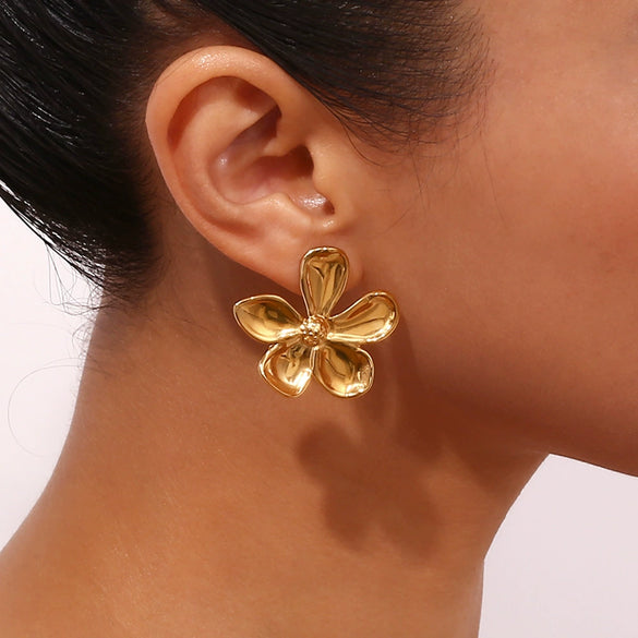 Fashion Flower Geometric Stainless Steel 18K Gold Plated Earrings For Women
