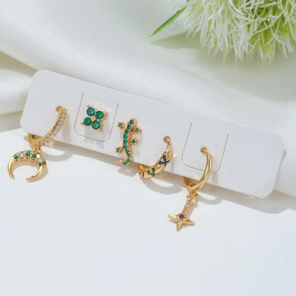 Fashion Flower Lizard Copper Gold Plated Zircon Earrings 5 Piece Set