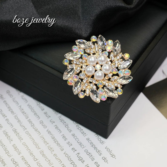 Fashion Flower Pearl Crystal Alloy Brooch Electroplated For Women