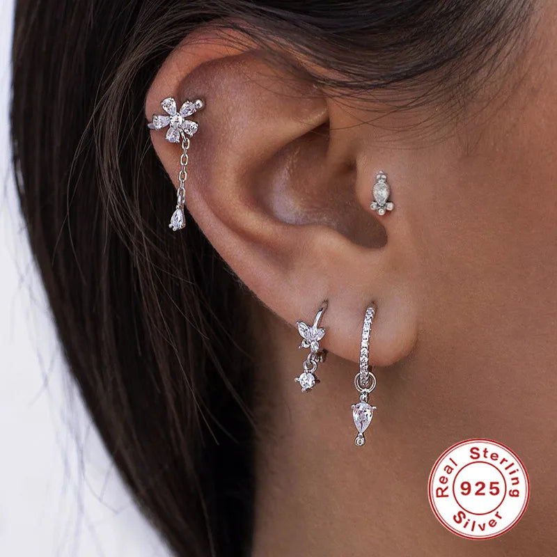 Fashion Flower Snake Sterling Silver Plating Inlay Zircon Ear Studs 1 Piece