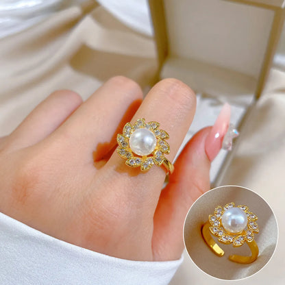 Wholesale Fashion Flower Stainless Steel Brass Plating Inlay Pearl Zircon Rings Necklace