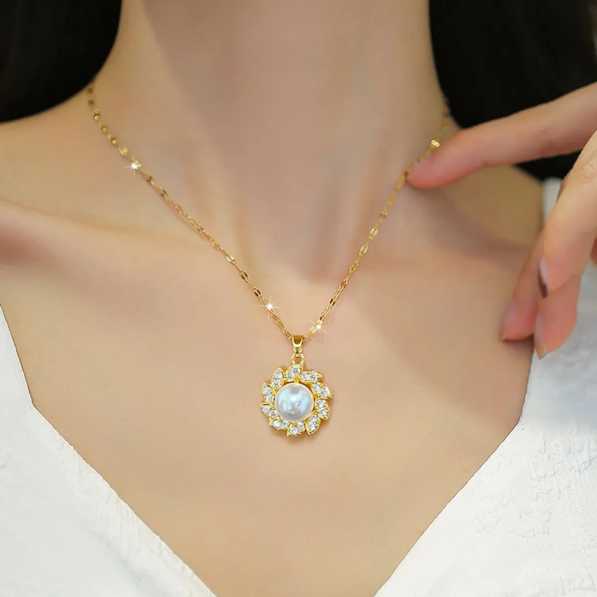 Wholesale Fashion Flower Stainless Steel Brass Plating Inlay Pearl Zircon Rings Necklace