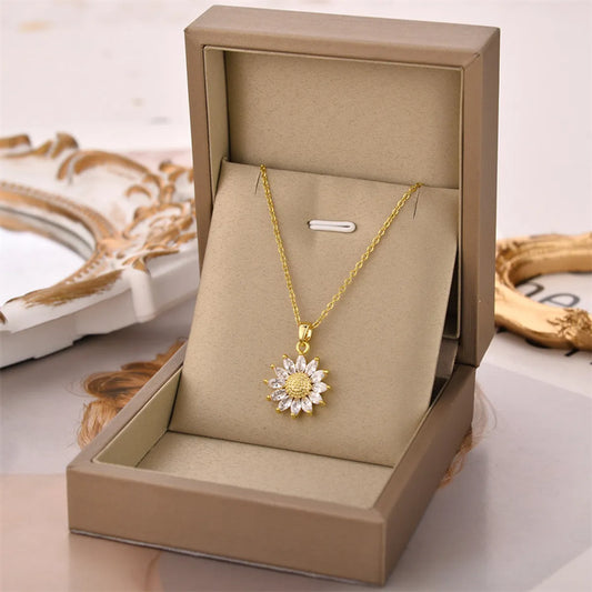 Fashion Flower Titanium Steel Inlay Zircon Pendant Necklace 1 Piece