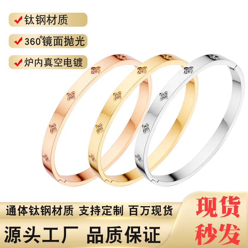 Fashion Flower Titanium Steel Plating Inlay Zircon 18k Gold Plated Bangle