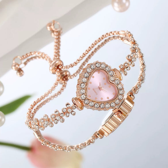 Fashion Flower Women's Bracelet Watch With Diamondembedded Heart Color Dial Alloy Strap And Metal Case