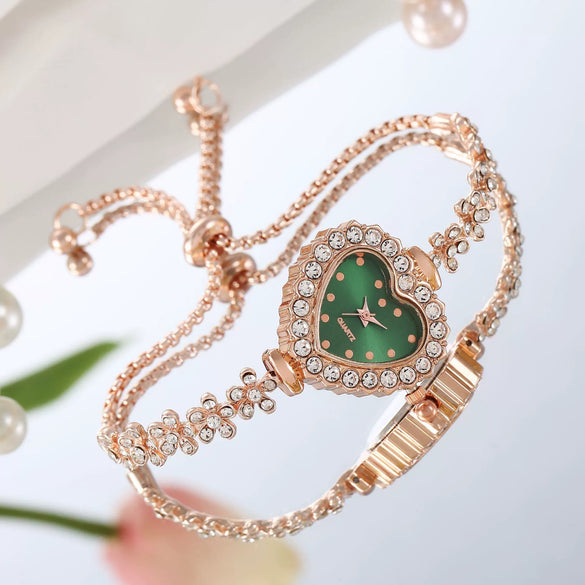 Fashion Flower Women's Bracelet Watch With Diamondembedded Heart Color Dial Alloy Strap And Metal Case