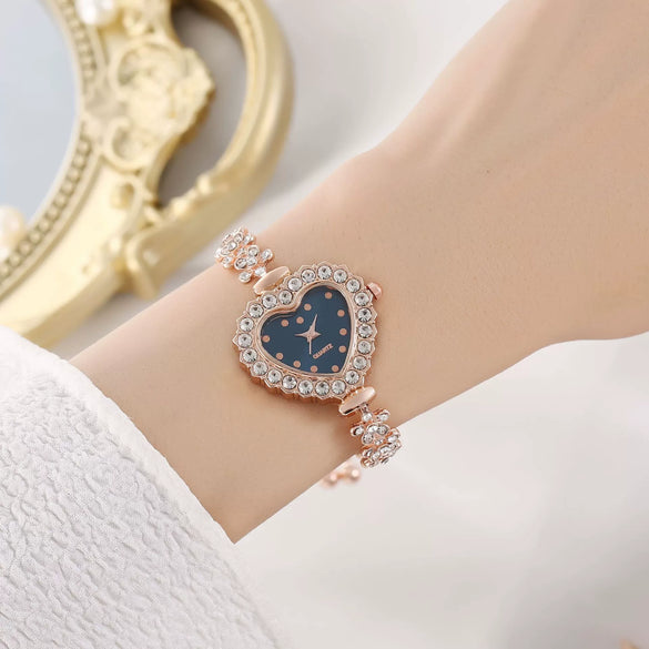Fashion Flower Women's Bracelet Watch With Diamondembedded Heart Color Dial Alloy Strap And Metal Case